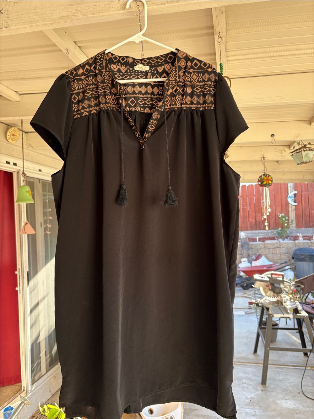 one clothing Black Tunic Top with Brown Embroidered Yoke and Tassels
